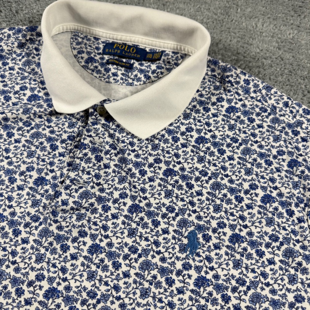 Polo Ralph Lauren Polo Shirt Mens XXL White Blue Floral Custom Slim Fit Soft Tou